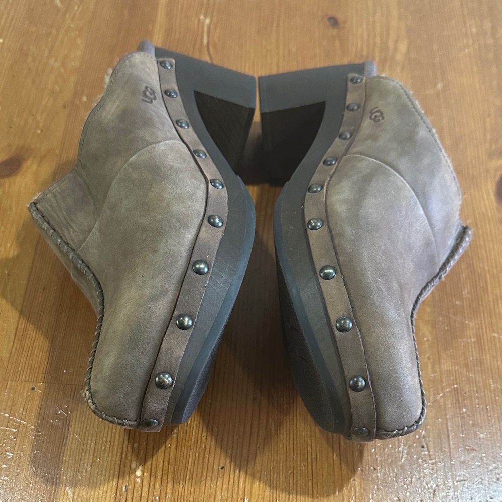 UGG Taupe Suede Shearling-Lined Clog Mules - Picture 6 of 15